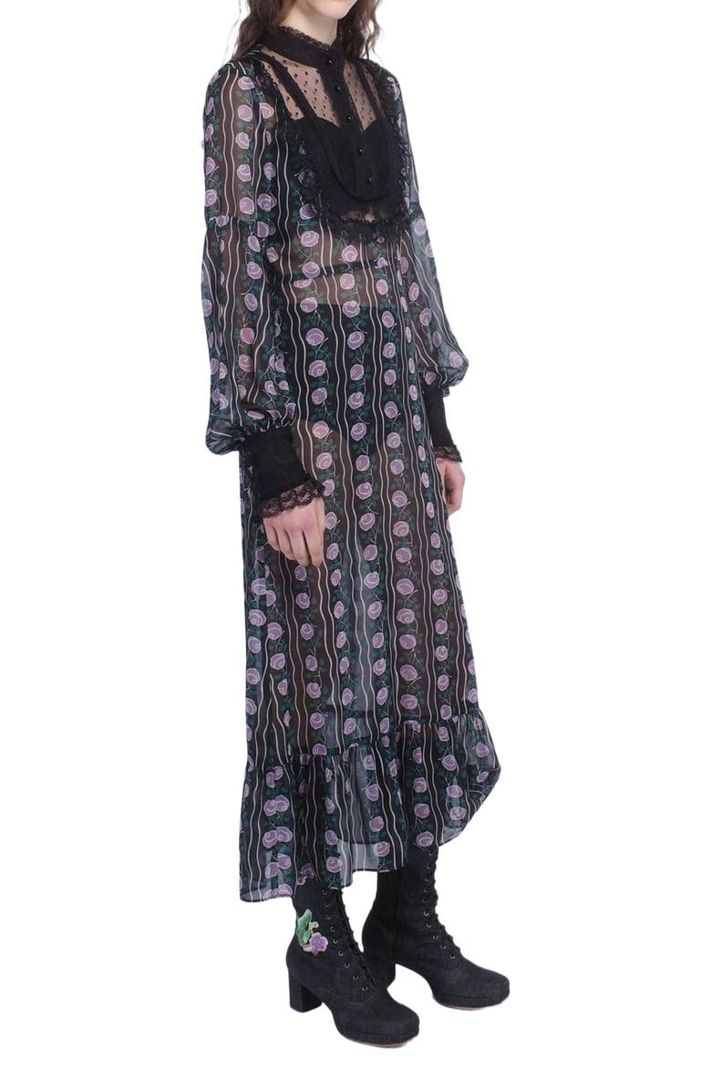 Anna Sui Rosetti Chiffon Victorian Bib Dress, Alternate, color, Black/Lilac Multi