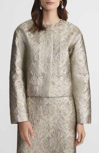 Baroque Metallic Botanical Brocade Collarless Jacket