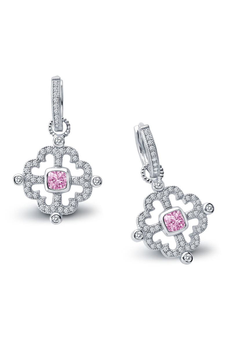 Fleur de Lis Sunlight Platinum Bonded Sterling Silver Simulated Diamond Earrings, Main, color, WHITE/ PINK