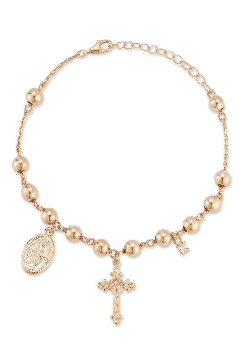 14k Rose Gold Plated Rosary Anklet, Main, color, ROSE GOLD
