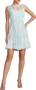 Mac Duggal Mesh Micro Ruffle High Neck Mini Dress