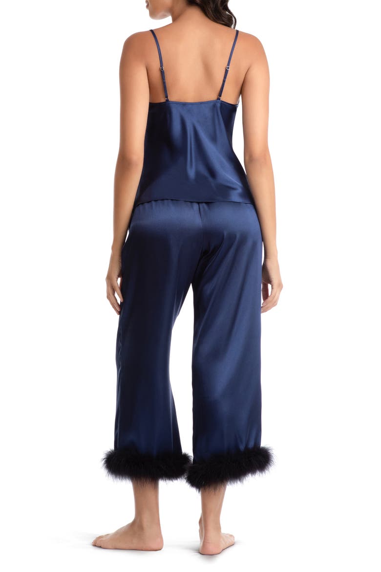 Noelle Feather Trim Satin Pajamas, Alternate, color, BRIGHT NAVY