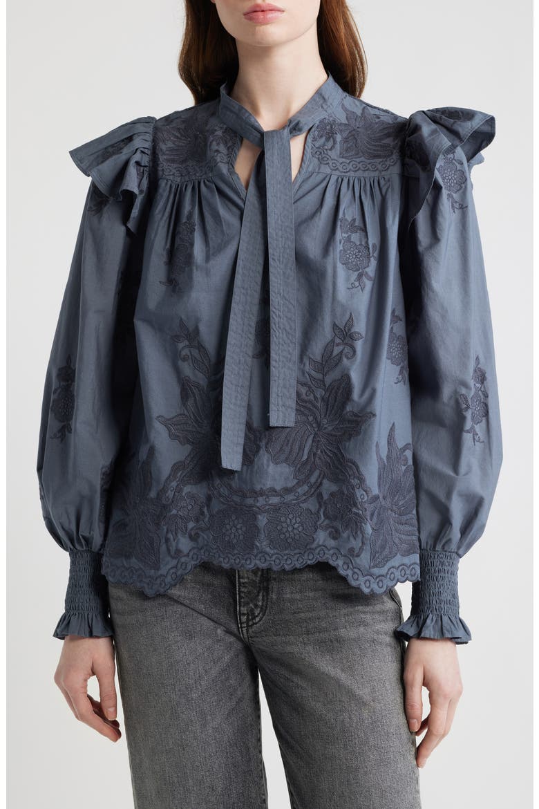 Nisa Floral Embroidered Ruffle Top, Main, color, STEEL BLUE