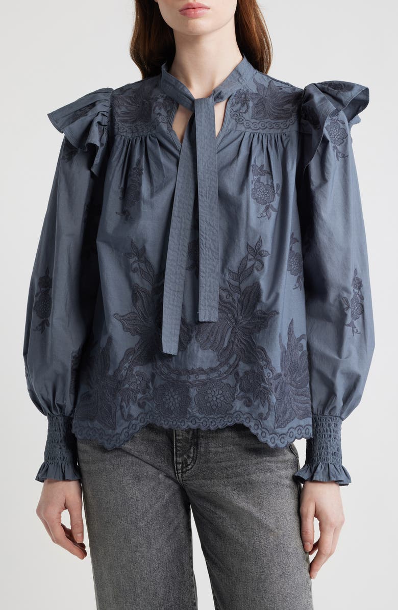 AllSaints Nisa Floral Embroidered Ruffle Top, Main, color, Steel Blue