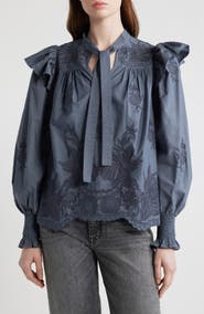 AllSaints Nisa Floral Embroidered Ruffle Top