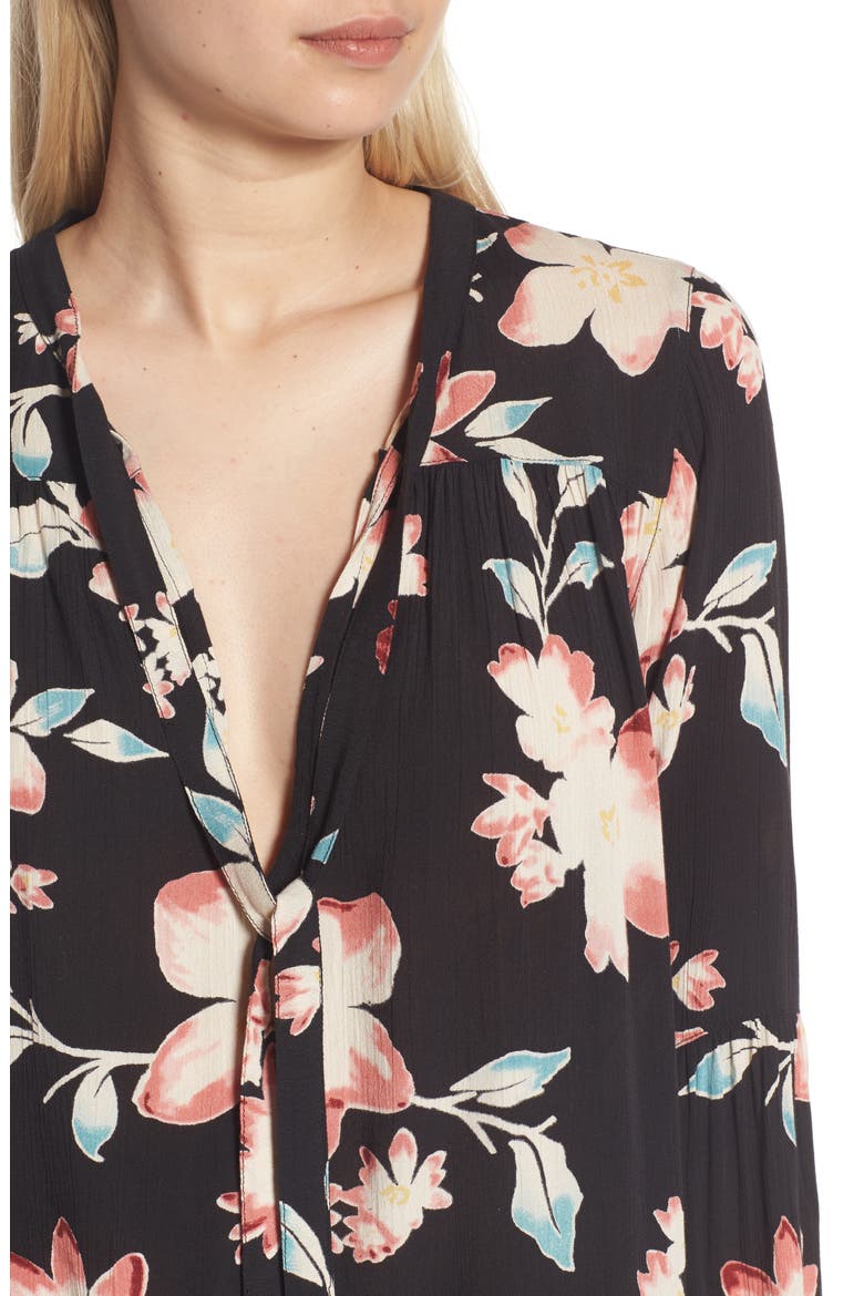 Birds on High Tie Neck Blouse, Alternate, color, OFF BLACK