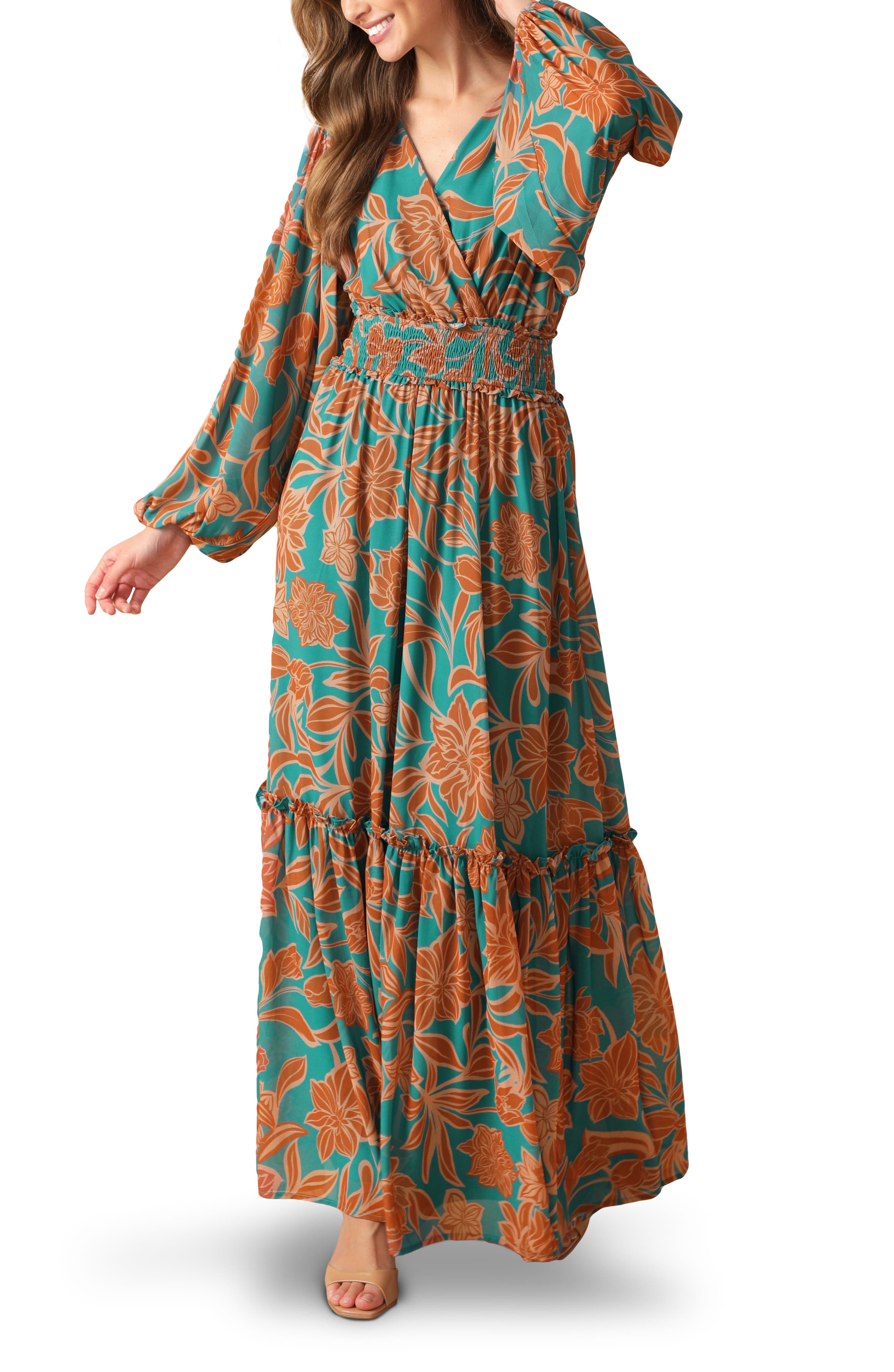 FLYING TOMATO Print Long Sleeve Maxi Dress
