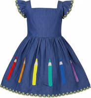 Mia Belle Girls Pencil Me Pretty Embroidered Denim Dress