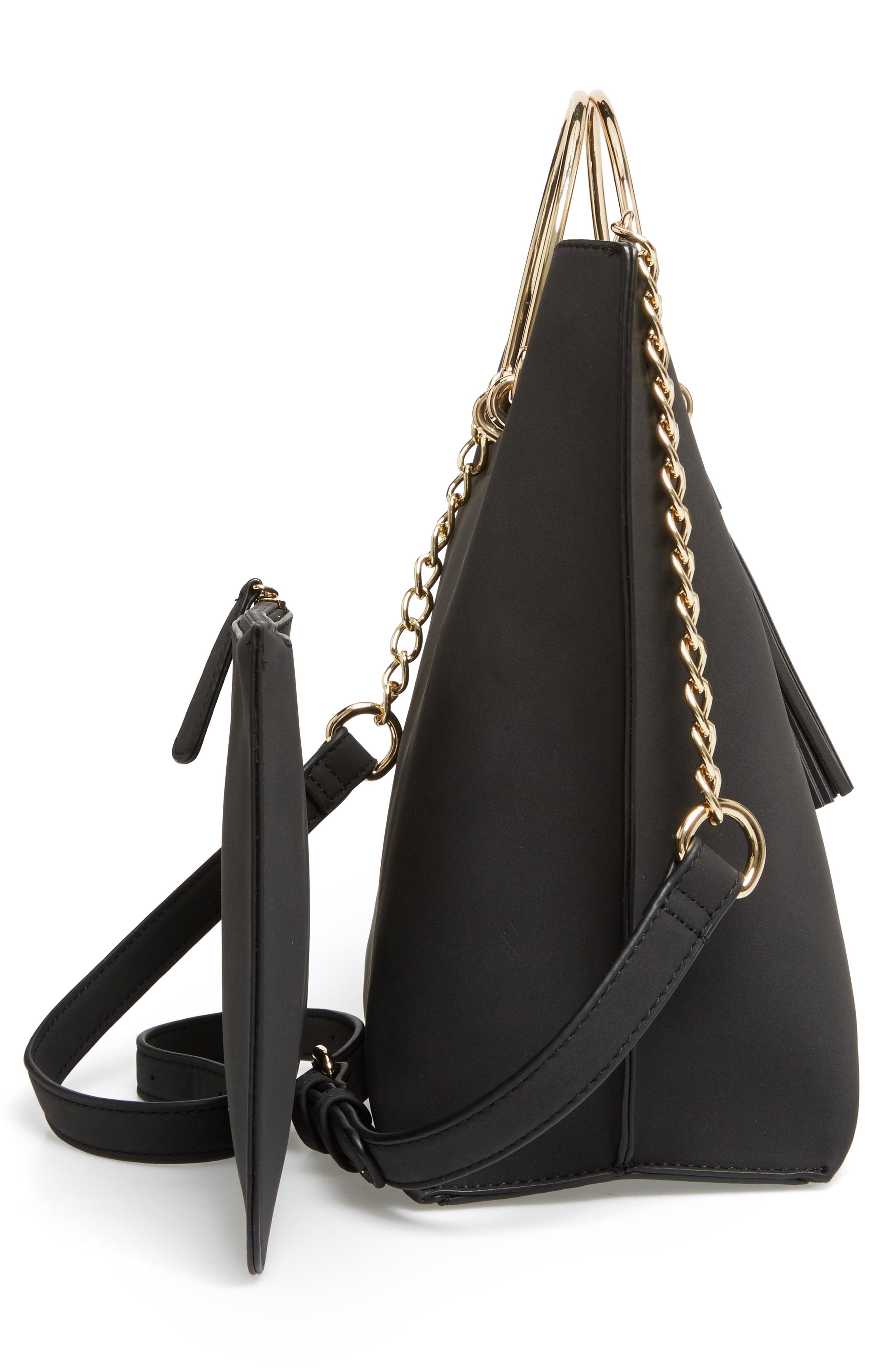 Metal Handle Faux Leather Satchel, Alternate, color, BLACK