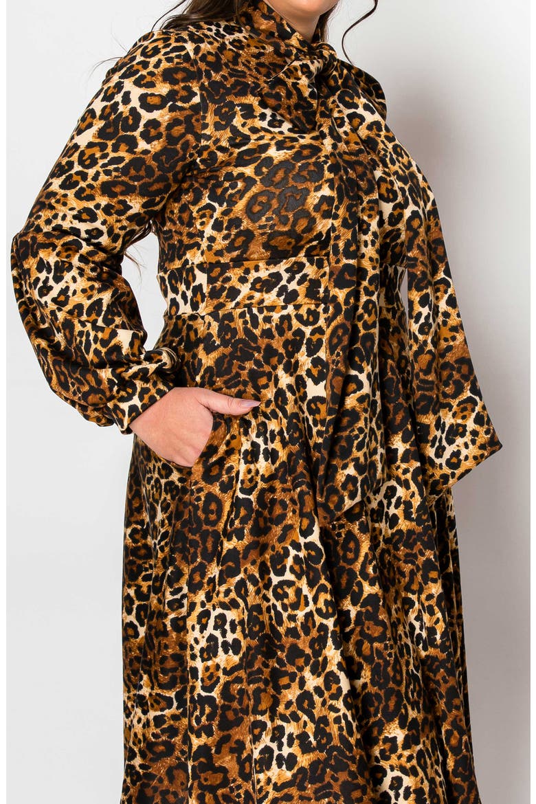 Zayleigh Leopard Print Tie Neck Long Sleeve Dress, Alternate, color, TAUPE