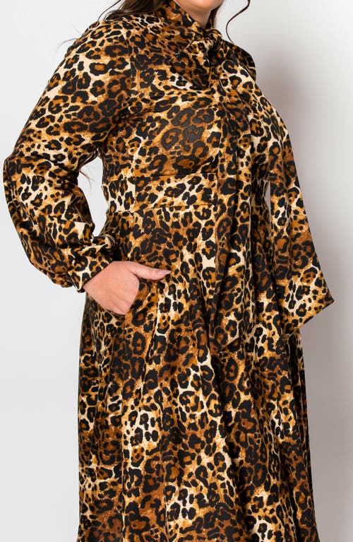 L I V D Zayleigh Leopard Print Tie Neck Long Sleeve Dress In Taupe