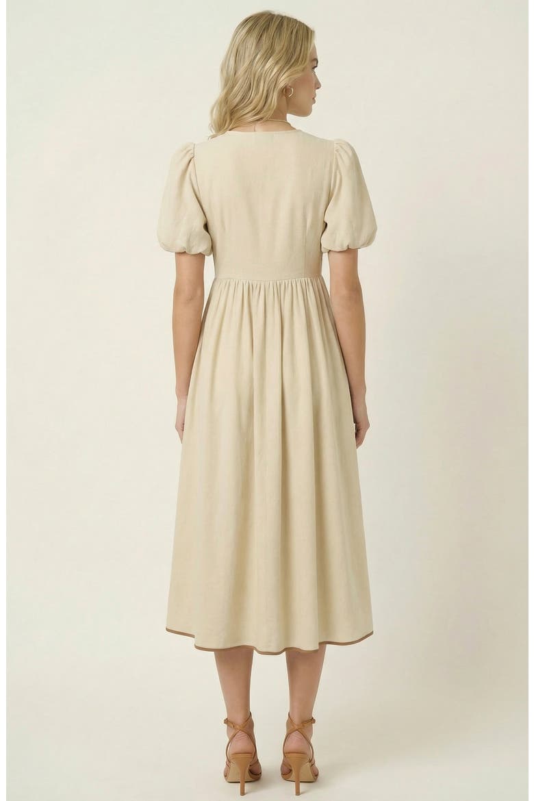 Midi Puff Sleeve Dress with Contrast Ties and Hemline Trim, Alternate, color, Off-white / Cream