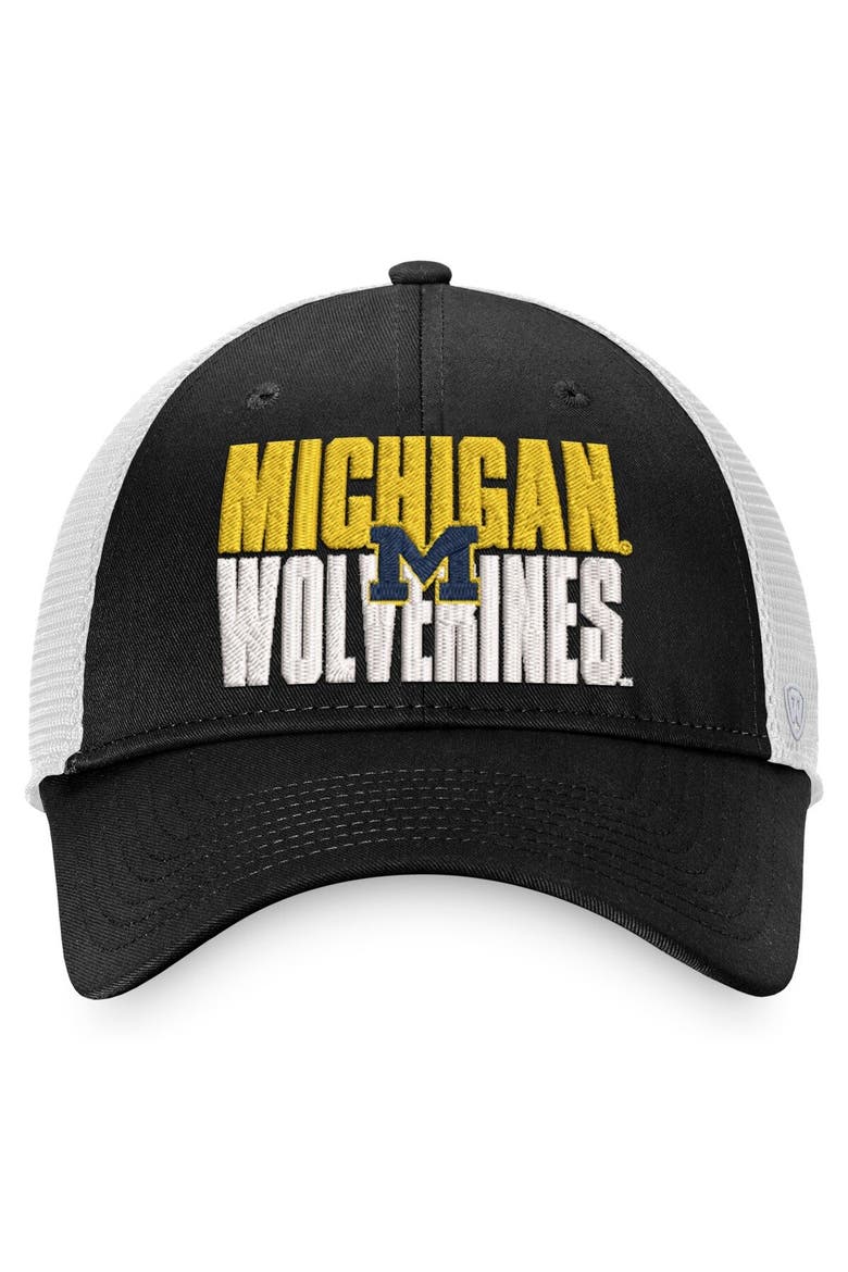 Men's Top of the World Black/White Michigan Wolverines Stockpile Trucker Snapback Hat, Alternate, color, Black