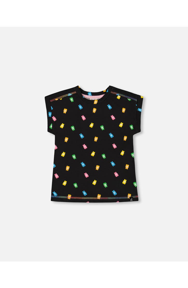 Deux par Deux Little Girl's Rolled Sleeve Tee With Print Black And Multicolored Gummies, Main, color,