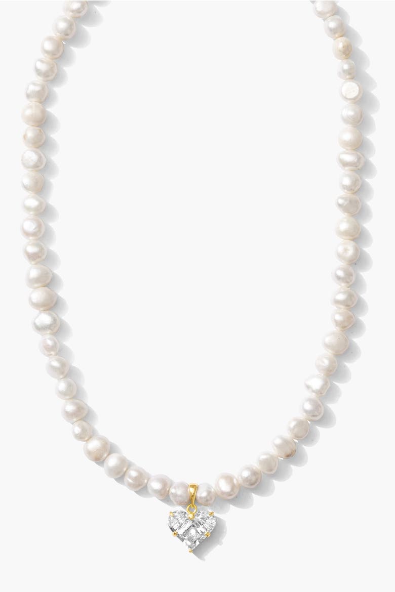 Freshwater Pearl Gold Heart Charm Necklace, Main, color, Metallic Gold