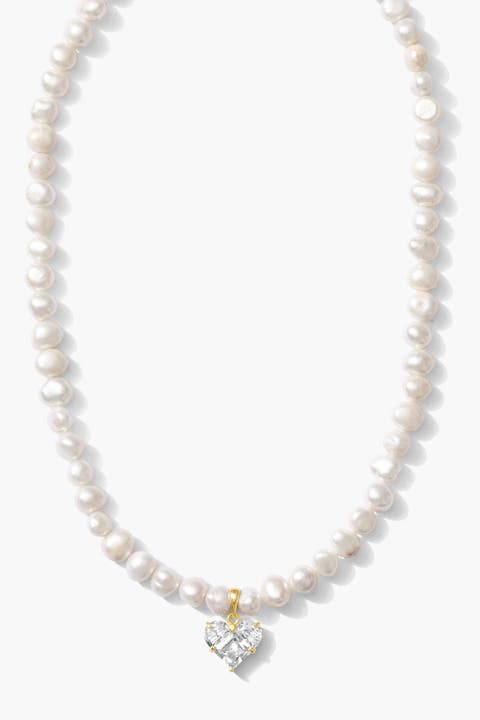 Freshwater Pearl Gold Heart Charm Necklace