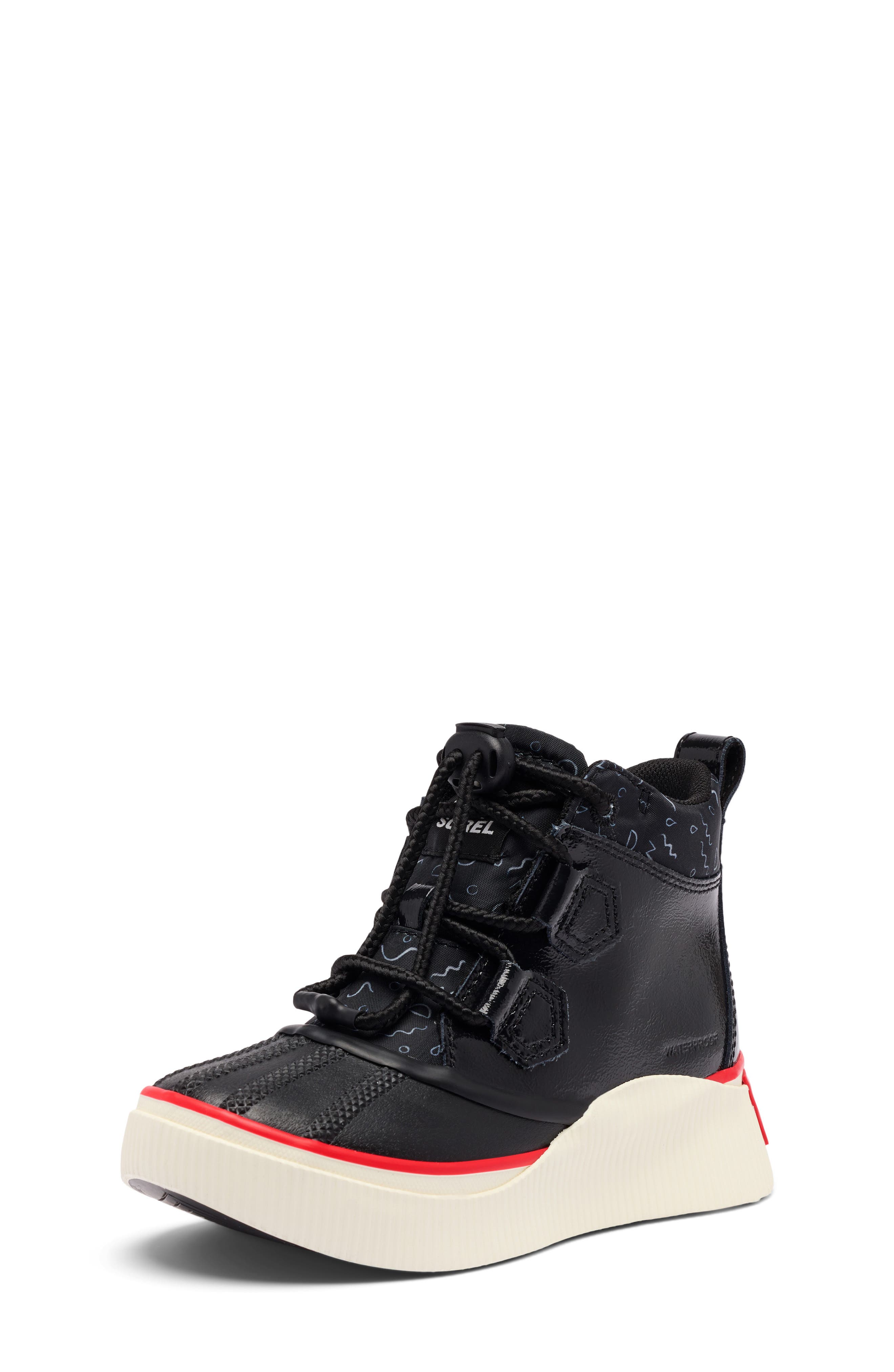 SOREL Kids' Out N About IV Classic Waterproof Duck Boot, Alternate, color, Black/ Bright Red