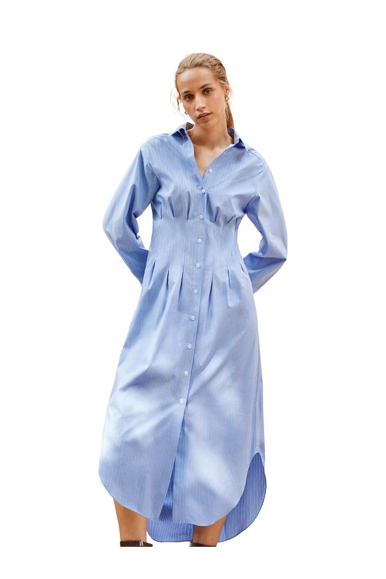 Long Sleeve Stripe Shirt Midi Dress, Main, color, Blue