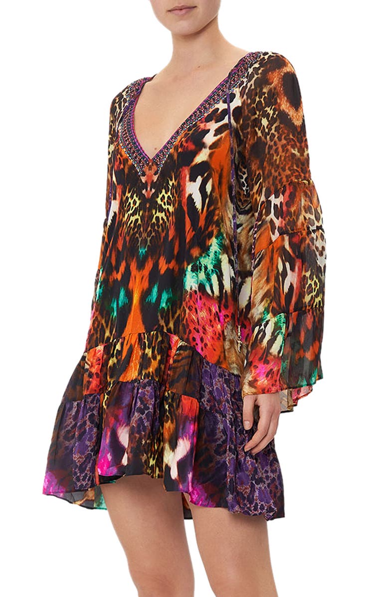 Camilla Surrealist Suspension Long Sleeve Gathered Silk Minidress, Alternate, color, 