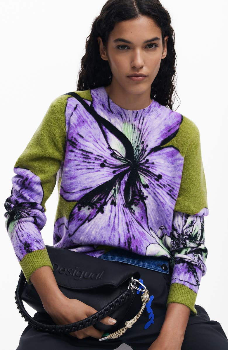 Desigual Floral Print Crewneck Sweater, Alternate, color, Lilac