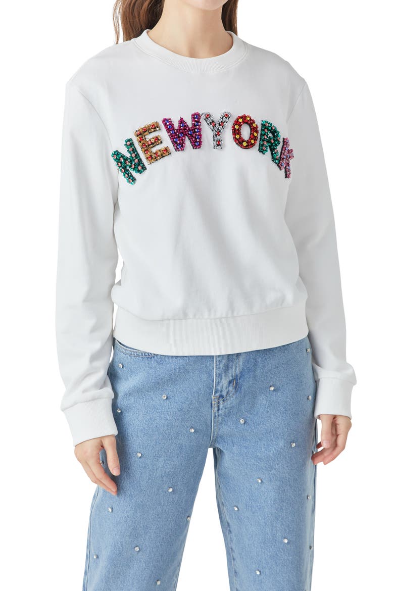 New York Embellished Sweatshirt, Alternate, color, WHITE