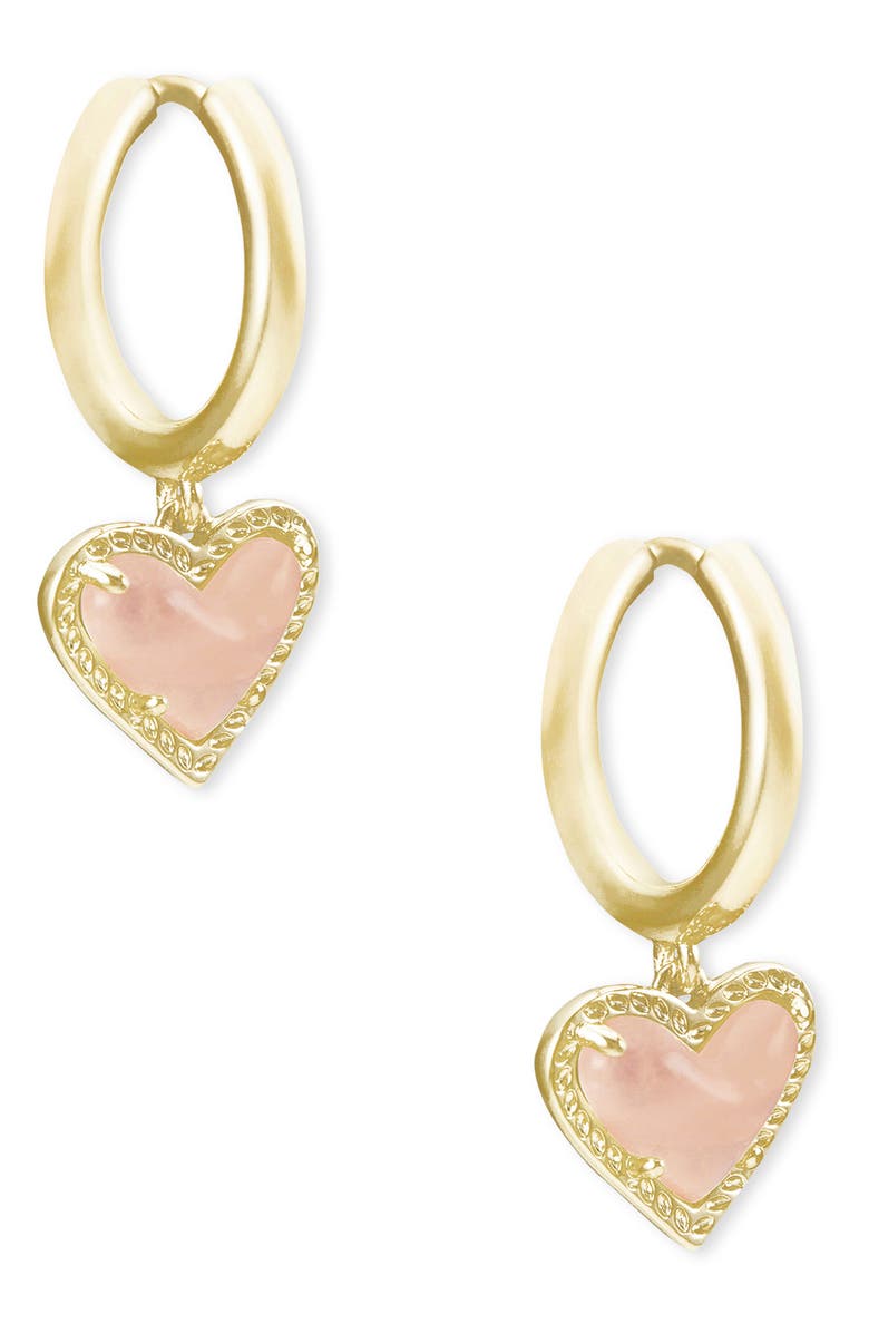 Kendra Scott Ari Heart Huggie Hoop Earrings, Main, color, Gold Rose Quartz