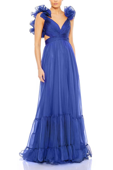 Sleeveless Ruffle Tiered Cut-Out Chiffon Gown