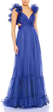 Mac Duggal Sleeveless Ruffle Tiered Cut-Out Chiffon Gown