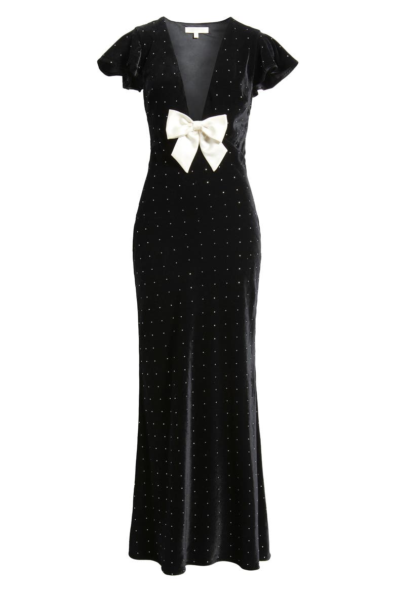 Melora Rhinestone Bow Velvet Maxi Dress, Alternate, color, BLACK