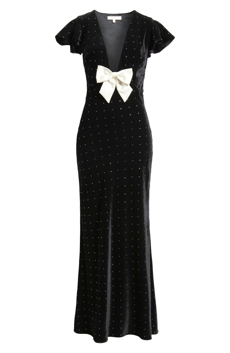 LoveShackFancy Melora Rhinestone Bow Velvet Maxi Dress, Alternate, color, Black