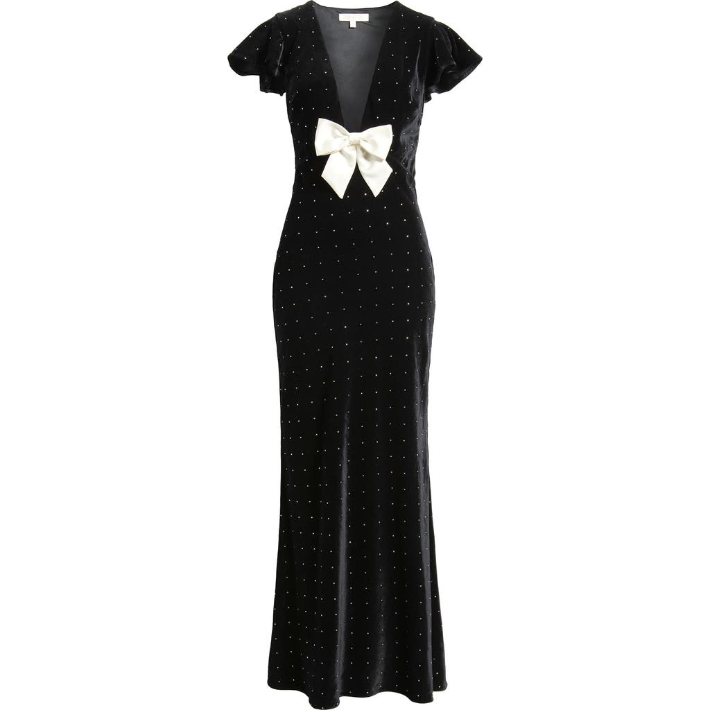 Loveshackfancy Melora Rhinestone Bow Velvet Maxi Dress In Black