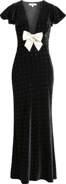 LoveShackFancy Melora Rhinestone Bow Velvet Maxi Dress