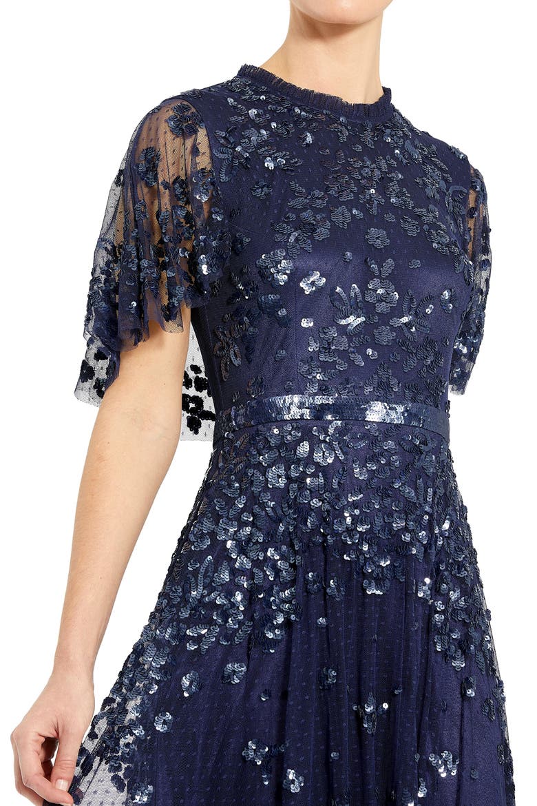 Sequined High Neck Flutter Sleeve A Line Gown, Alternate, color, MIDNIGHT