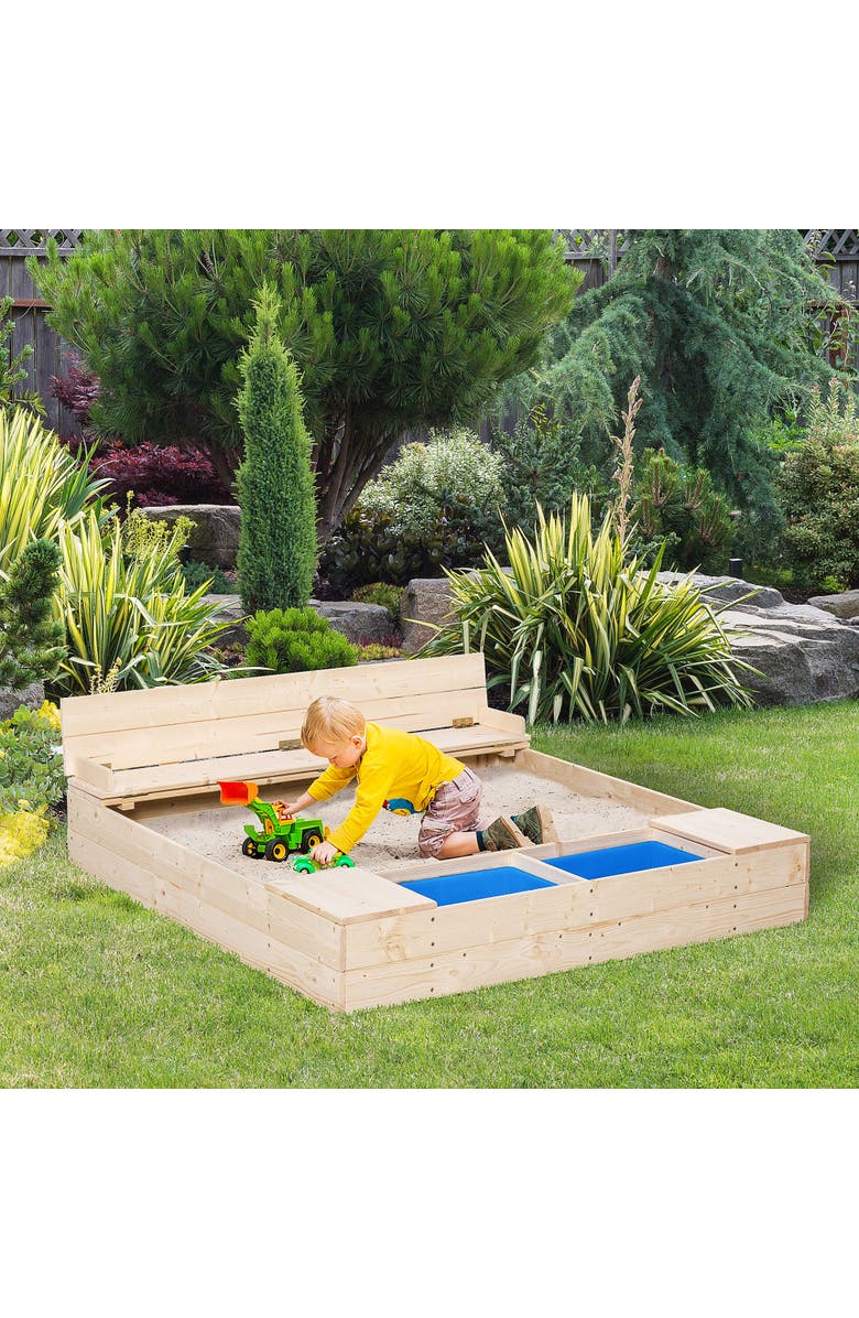 Outsunny Kids Wooden Sandbox with Foldable Bench & Plastic Boxes, Alternate, color, 