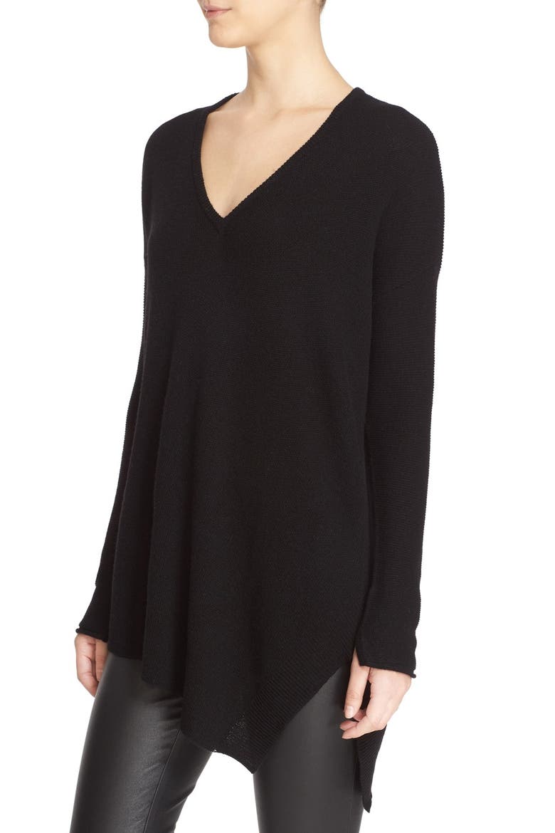'Edie' Asymmetrical Hem V-Neck Wool Blend Sweater, Alternate, color, BLACK