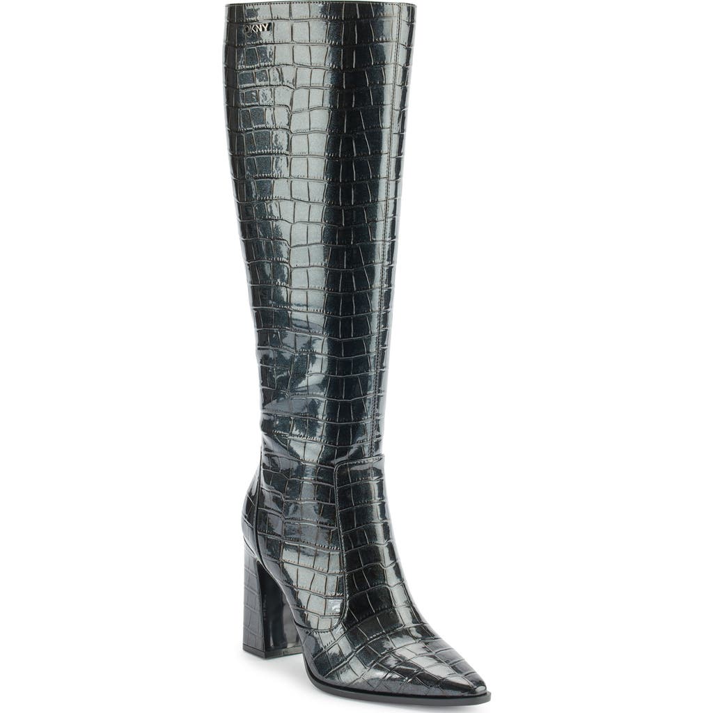 Dkny Shamira Croc Embossed Knee High Boot In Black