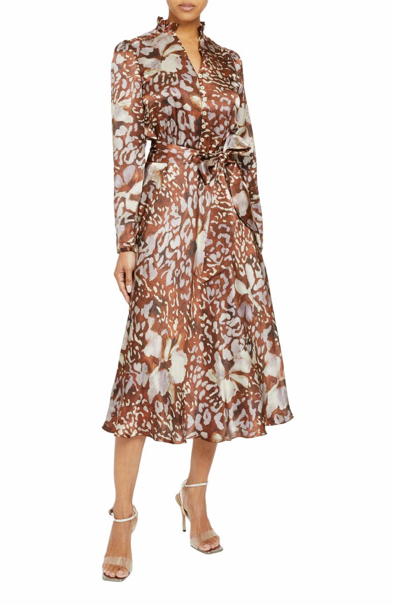 Santorelli IRINA Long Sleeve Ruffle-Neck Midi Dress in Abstract Floral Silk, Main, color, 