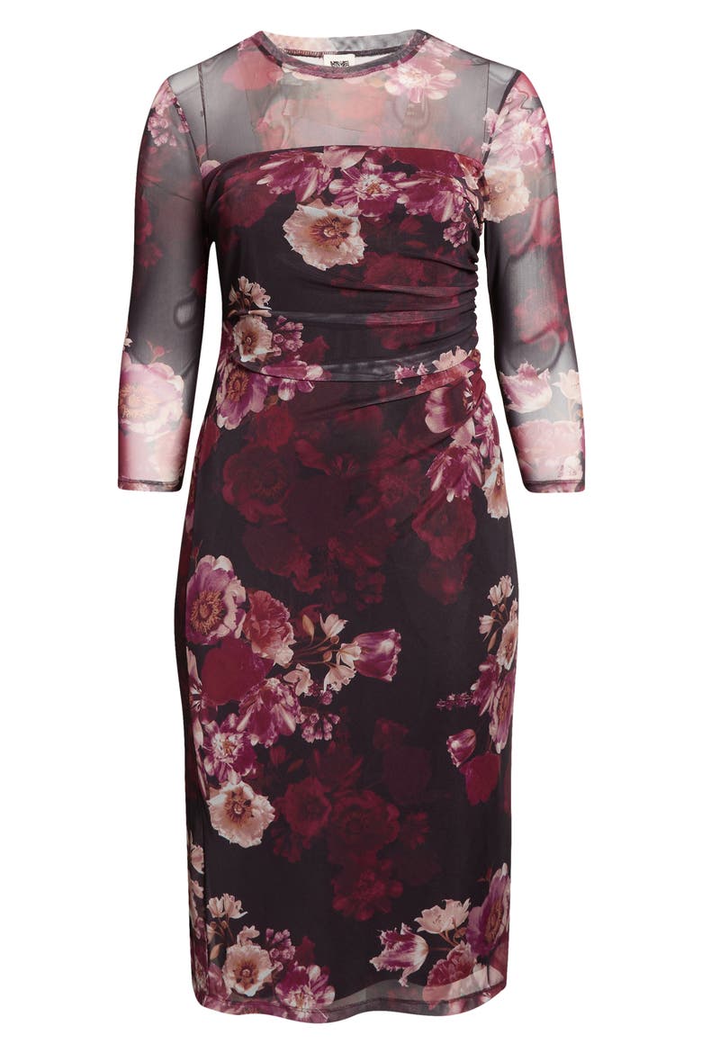 Ruched Long Sleeve Illusion Neck Midi Dress, Alternate, color, MIDNIGHT CHIANTI MULTI