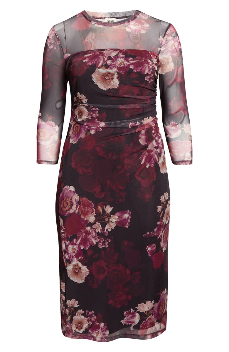 Anne Klein Ruched Long Sleeve Illusion Neck Midi Dress, Alternate, color, Midnight Chianti Multi