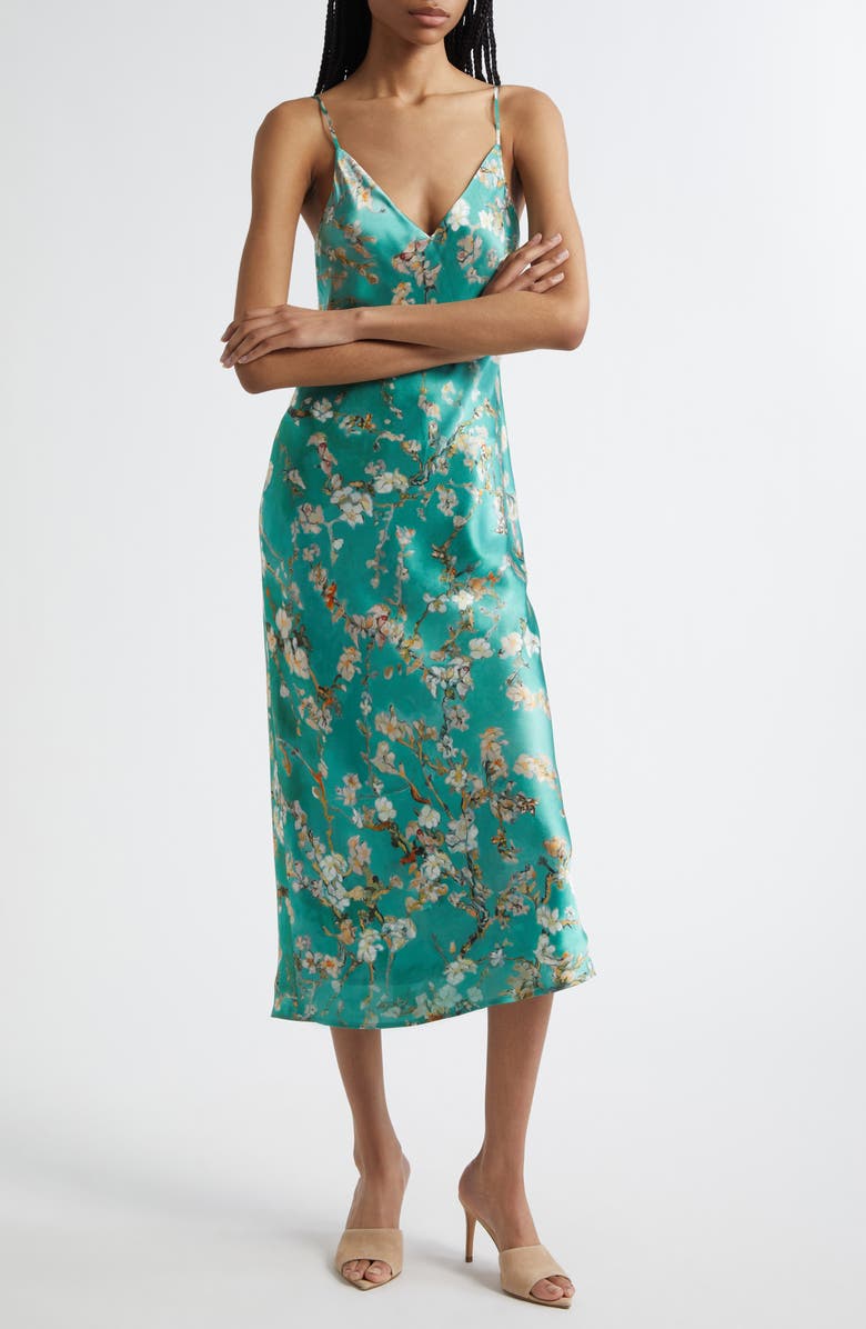 L'AGENCE Seridie Floral Print Silk Midi Slipdress, Main, color, 