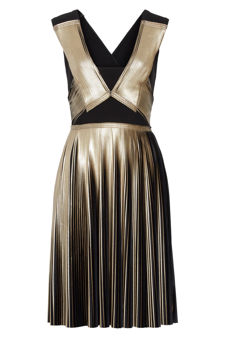 Pleated Foil Dress, Alternate, color, GOLD / JET