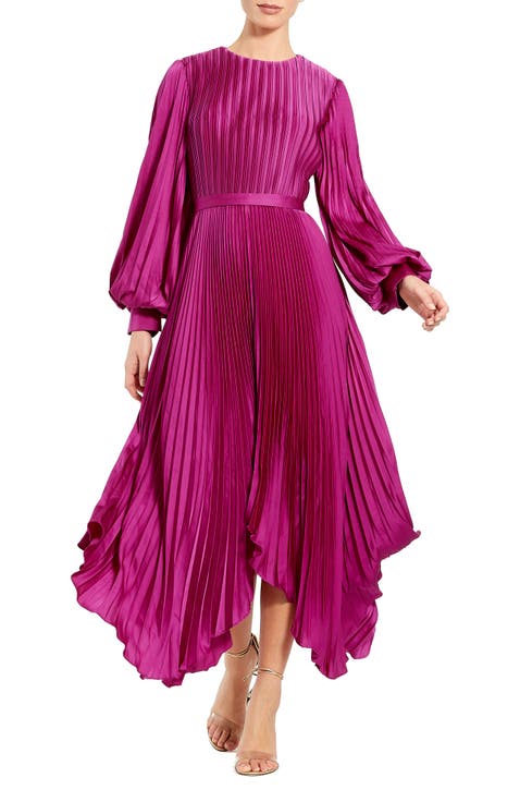Women's Long Sleeve Pleated Charmeuse Handkerchief Dress