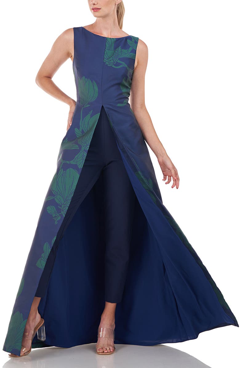 Kay Unger Lorena Floral Maxi Jumpsuit, Alternate, color, Marine Blue/ Jade