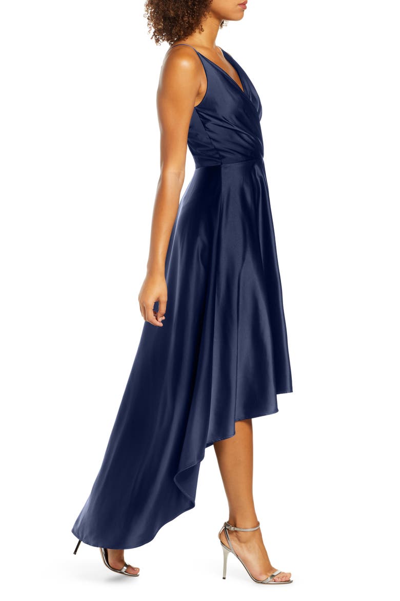 Katherine Surplice High/Low Satin Gown, Alternate, color, NAVY