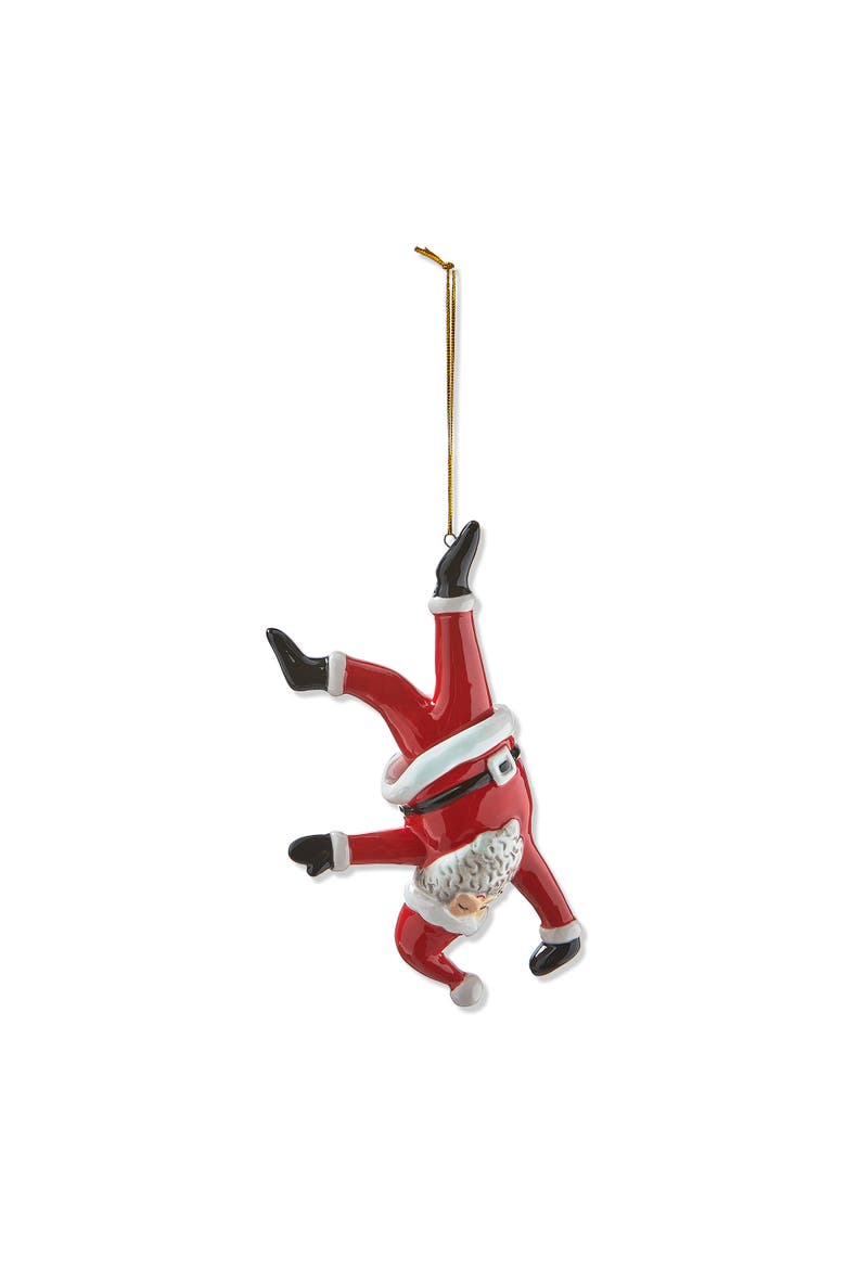 Dancing Santa Handstand Ornament Red Ceramic Christmas Decor, Main, color, Red