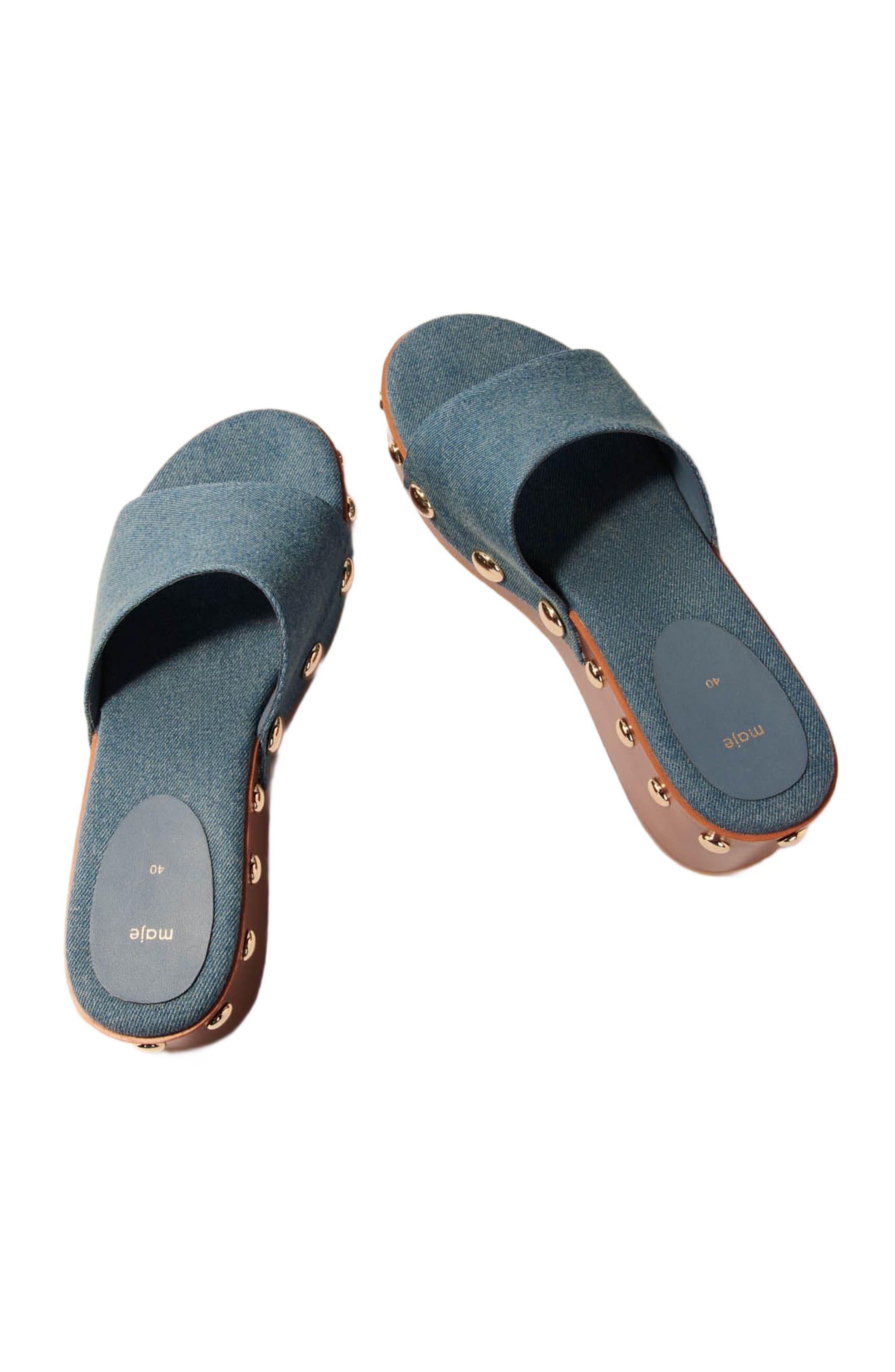 maje Denim studded wedge mules, Alternate, color, 