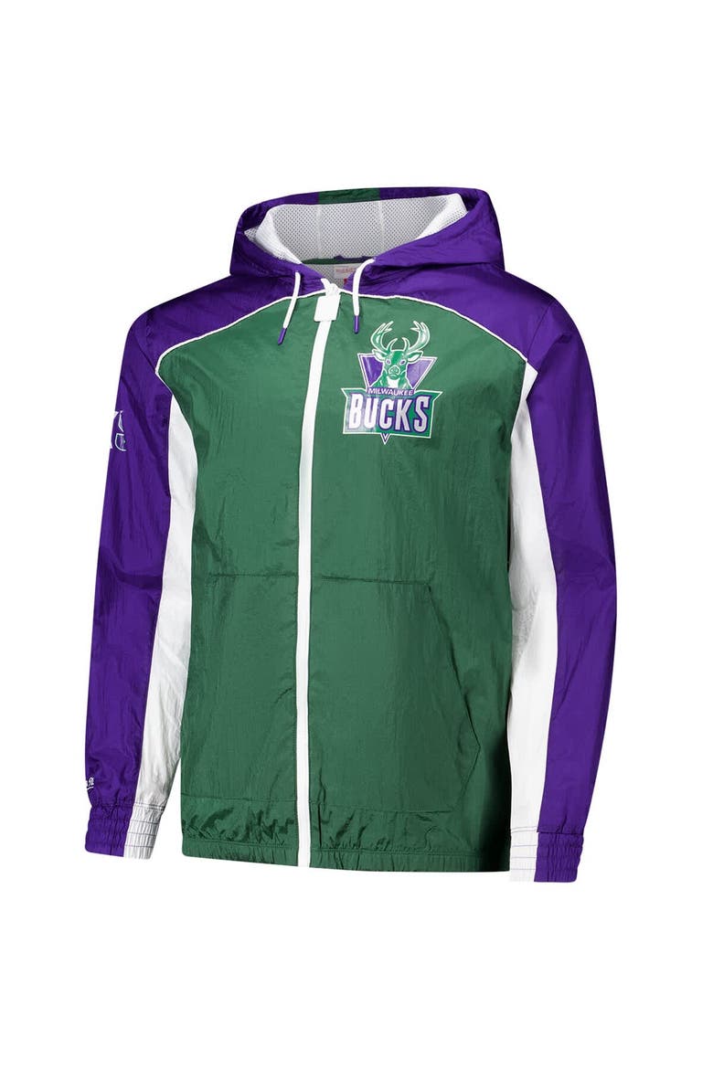Men's Mitchell & Ness Green/Purple Milwaukee Bucks Hardwood Classics Big Shot Premium Full-Zip Windbreaker Jacket, Alternate, color, Green
