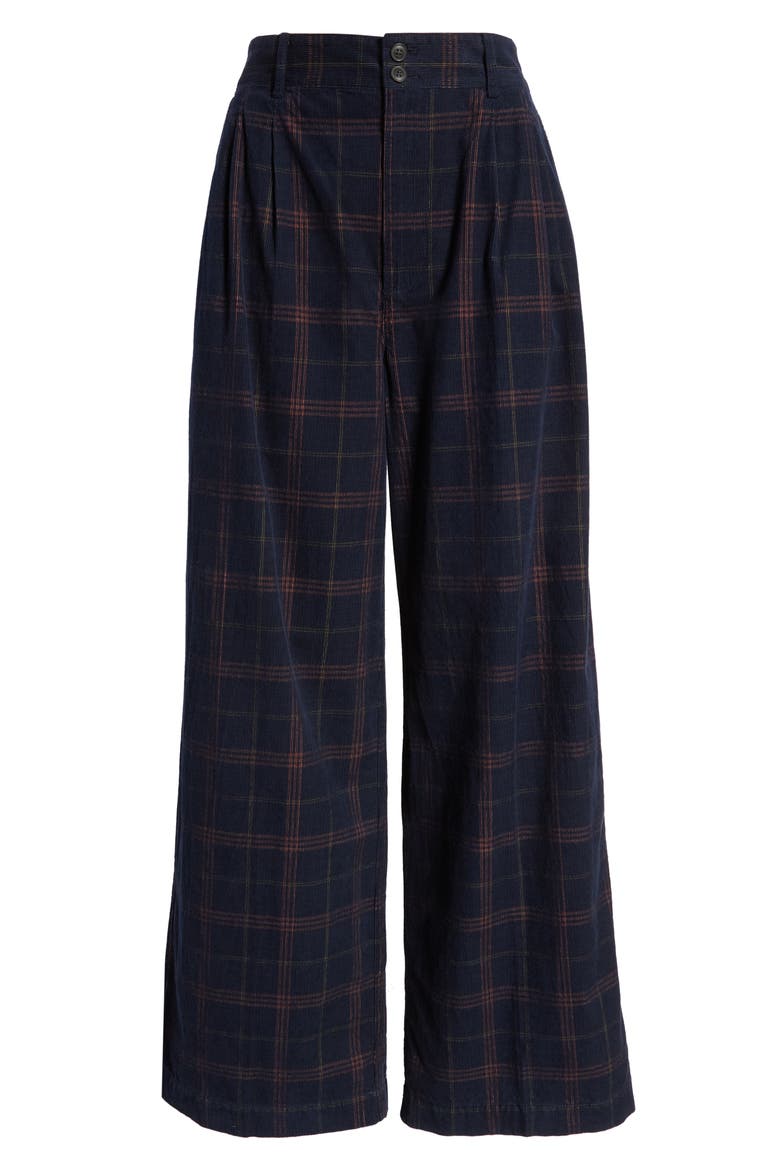 Windowpane Plaid Pleated Corduroy Wide Leg Pants, Alternate, color, BLUE MULTI PLAID AP