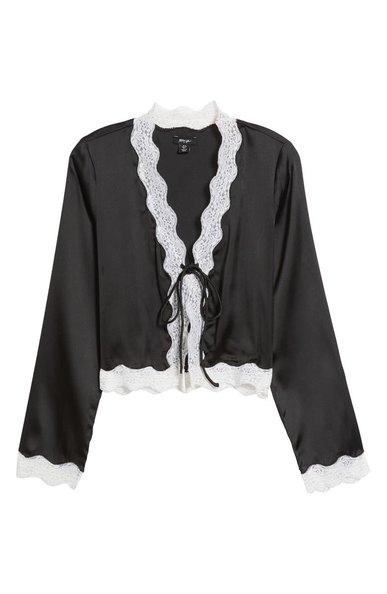 NASTY GAL Lace Trim Tie Front Satin Top, Alternate, color, Black