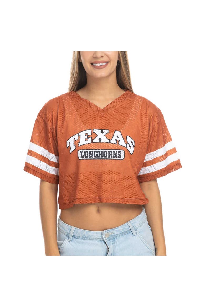 Women's ZooZatz Texas Orange Texas Longhorns Mesh Cropped V-Neck T-Shirt, Alternate, color, Burnt Orange